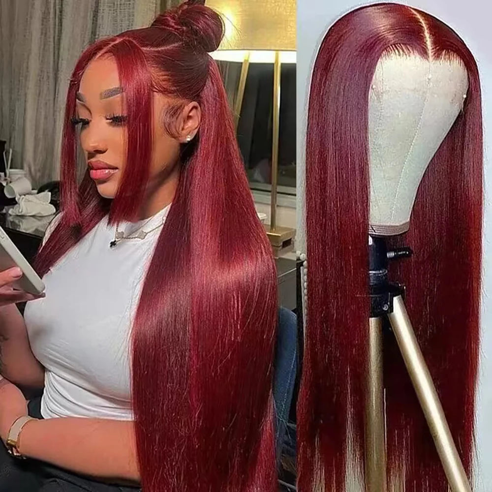 Perruque en cheveux humains 100% naturels, 100% naturelle, avec lace frontale HD 13x4 couleur bordeaux et rouge lisse.