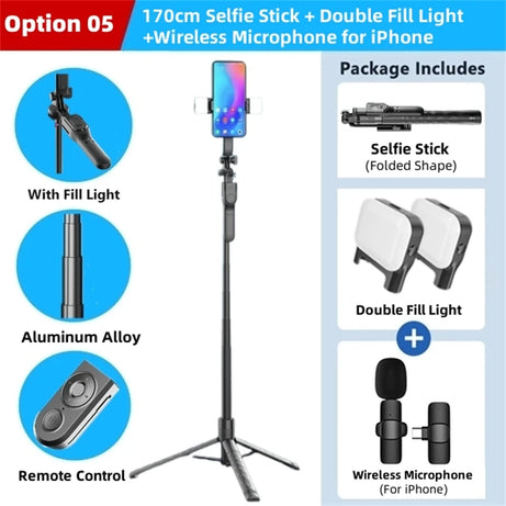Perche à selfie sans fil FANGTUOSI 1750 mm, trépied, monopode pliable avec lumière LED pour smartphones, prise de vue stable et équilibrée en direct