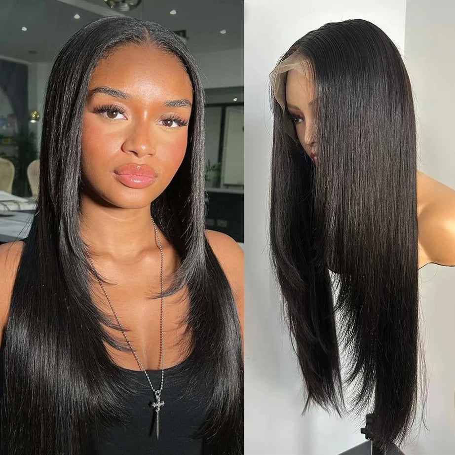 RONGDUOYI Perruque rose dégradée, lisse, avec lace front, cheveux naturels longs et raides, perruque synthétique en fibre chauffante violette pour cosplay