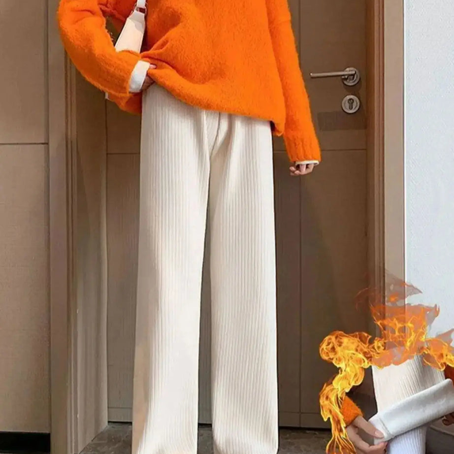 Pantalon polaire femme jambes larges, pantalon long d'hiver taille haute, coupe ample et décontractée