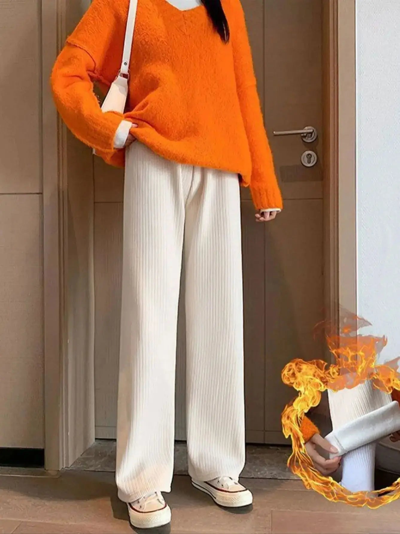 Pantalones anchos de felpa para mujer, de invierno, cintura alta, largos, holgados e informales.