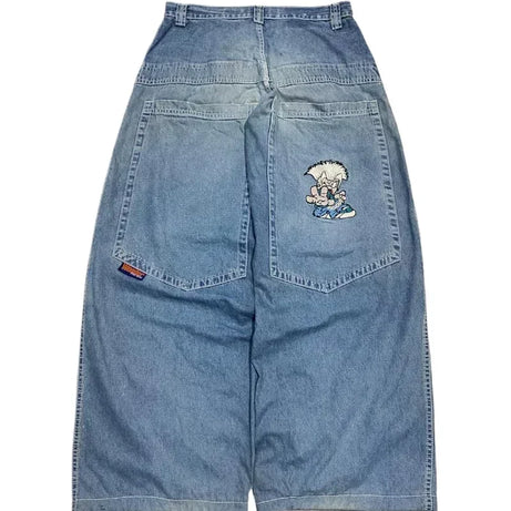Jean tendance streetwear brodé de têtes de mort pour femme, style Harajuku Y2K, pantalon droit à jambes larges, style Joker, jean décontracté pour couple