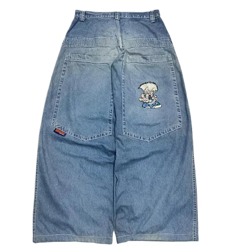 Jean tendance streetwear brodé de têtes de mort pour femme, style Harajuku Y2K, pantalon droit à jambes larges, style Joker, jean décontracté pour couple