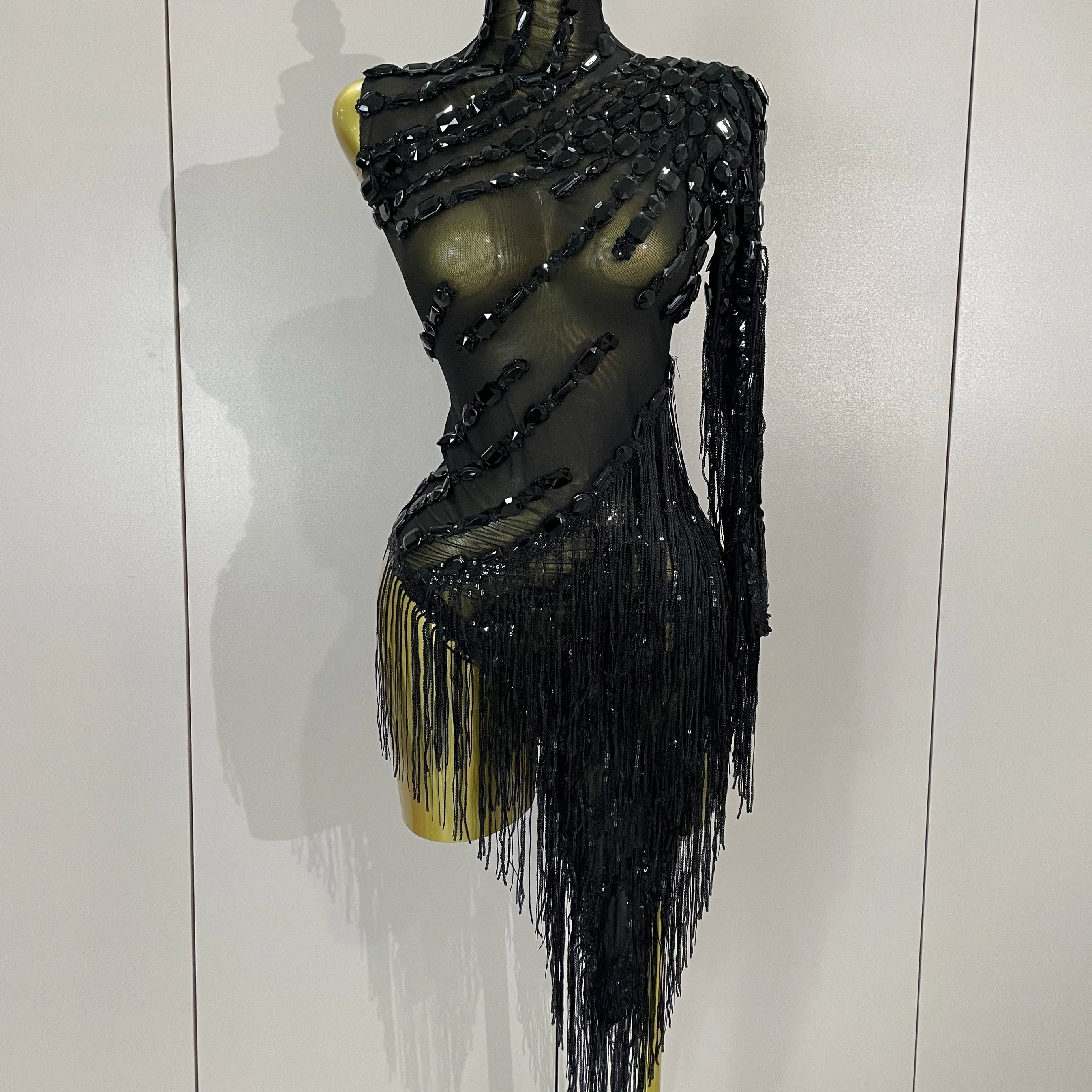 New Stage Costume Sparkly Rhinestones Tassel Sexy See-Through Dress Women One Shoulder Latin Dance Bars Nightclub Party Outfits
