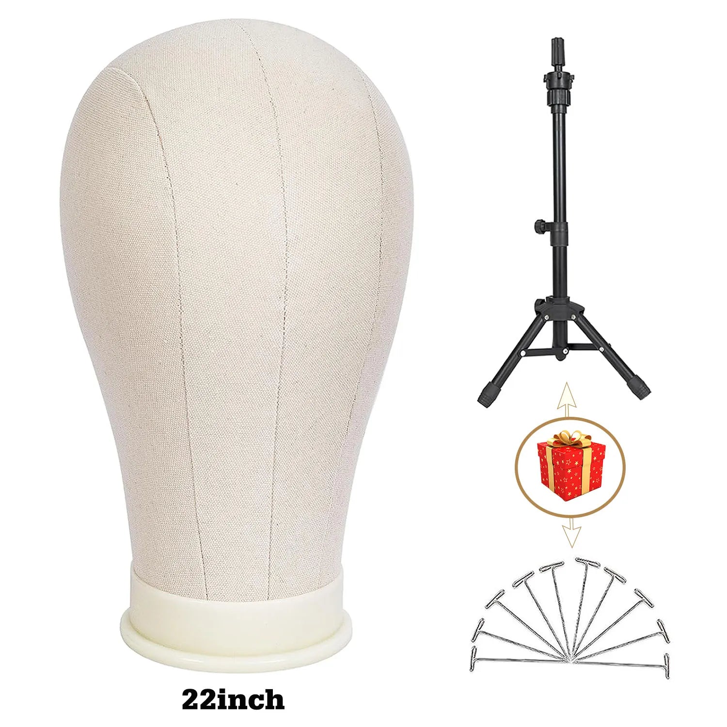 Tête de mannequin pour perruque de 53 à 58 cm (21 à 23 pouces) avec support, tête en toile pour la confection et la présentation de perruques, avec épingles.