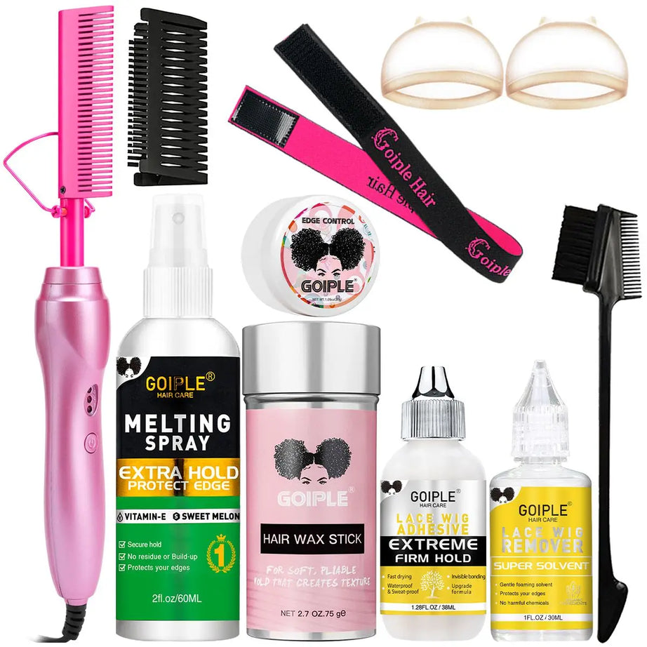 GOIPLE Peigne chauffant électrique, lisseur, fer à friser, brosse à friser, outils de coiffage pour le soin des cheveux, kit de coiffage pour perruques en dentelle