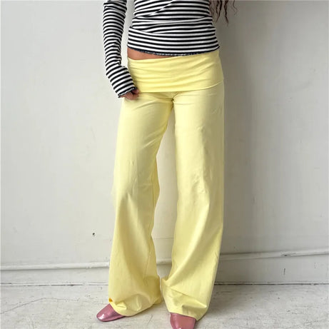 Pantalon large femme, couleur unie, taille repliable, pantalon décontracté printemps automne, pantalon de jogging ample, style streetwear Y2K