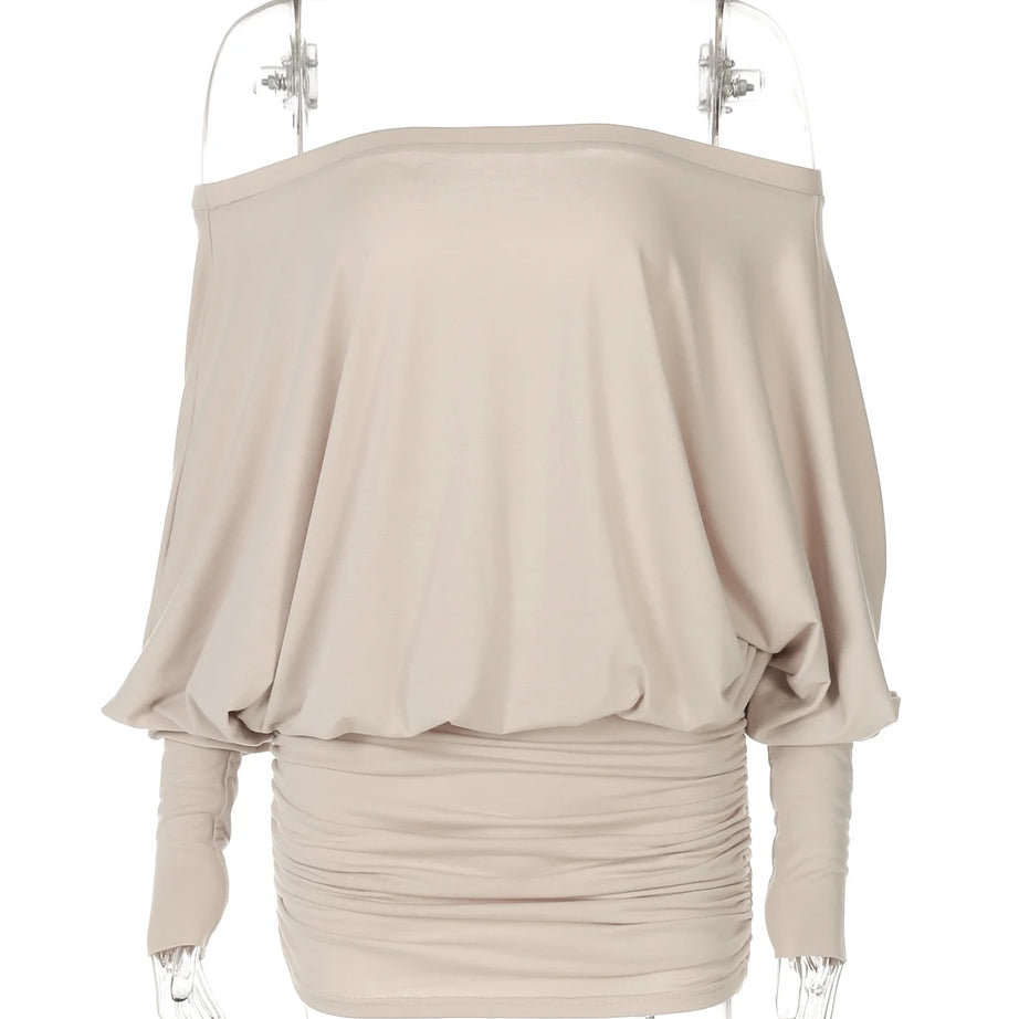 Robe mini Dulzura à épaules dénudées et manches longues, ornée de patchwork froncé, pour femme, tenue sexy, élégante et décontractée idéale pour les soirées et les clubs, printemps-été.