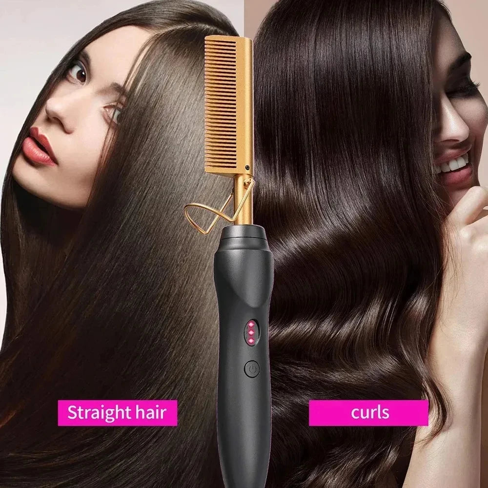 Peigne chauffant électrique rose, fer à lisser pour cheveux, barbe et perruques, utilisable sur cheveux secs ou mouillés.