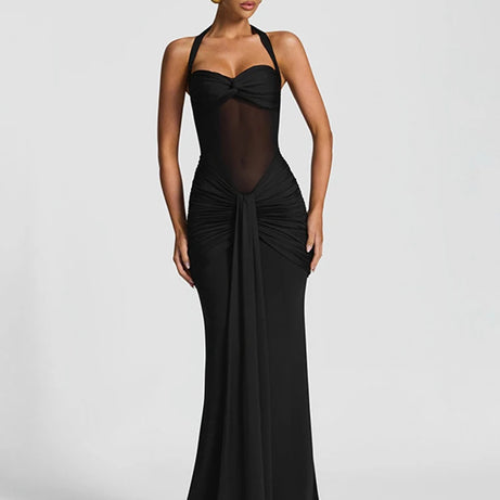 Robe maxi élégante patchwork pour femme, style classique et sexy, avec rubans transparents, dos nu et bretelles fines, coupe moulante, tendance festival et soirée.