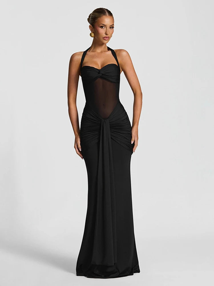 Robe maxi élégante patchwork pour femme, style classique et sexy, avec rubans transparents, dos nu et bretelles fines, coupe moulante, tendance festival et soirée.