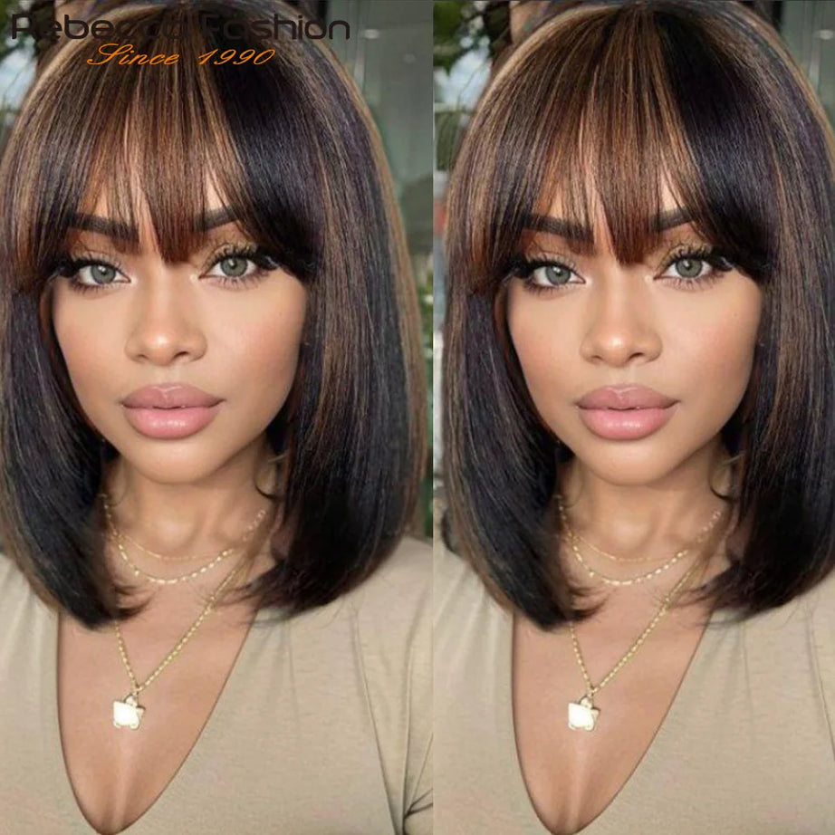 Perruques en cheveux humains lisses avec frange, raie au milieu, coupe au carré, style brésilien, effet cuir chevelu réaliste.