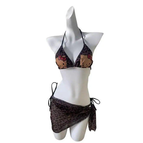 Maillot de bain Hello Kitty Sanrio imprimé léopard, 3 pièces, mignon, dos nu, pour les vacances, idéal pour les petites filles.