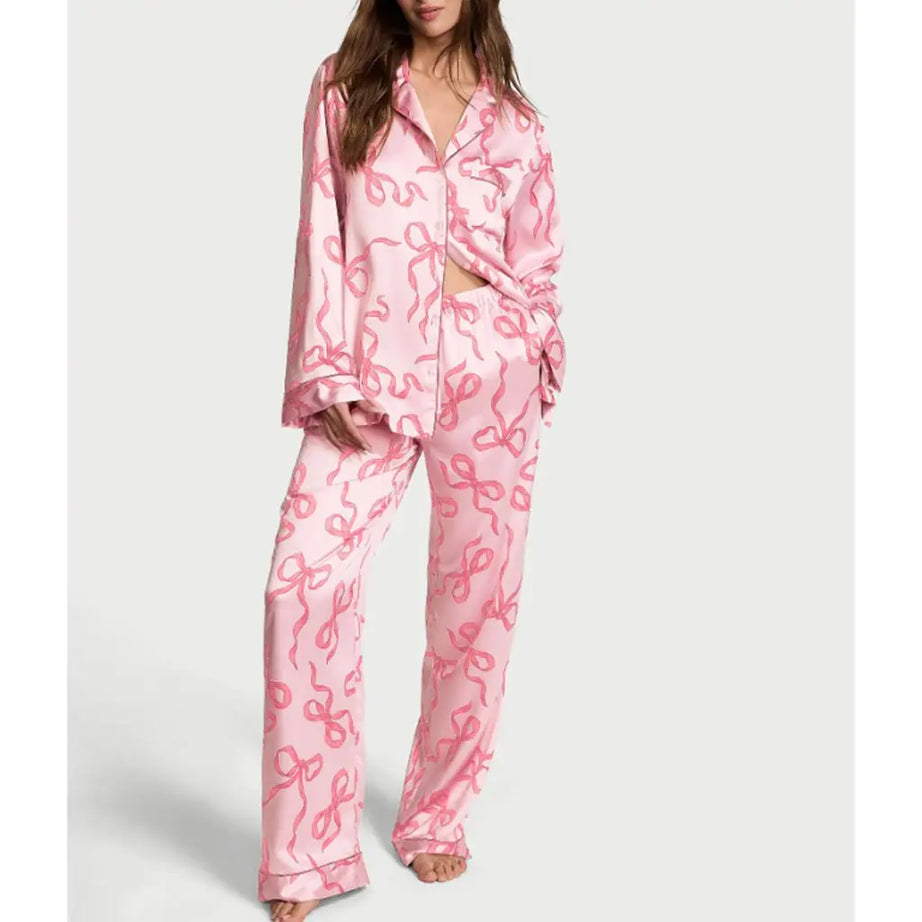 Ensemble pyjama 2 pièces en satin pour femme HEZIOWYUN : haut à manches longues avec col à revers et imprimé nœud/étoiles + pantalon à taille élastique.