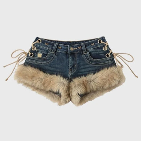 Short en jean slim à empiècements duveteux style rétro Y2K, nouveauté hiver pour femme