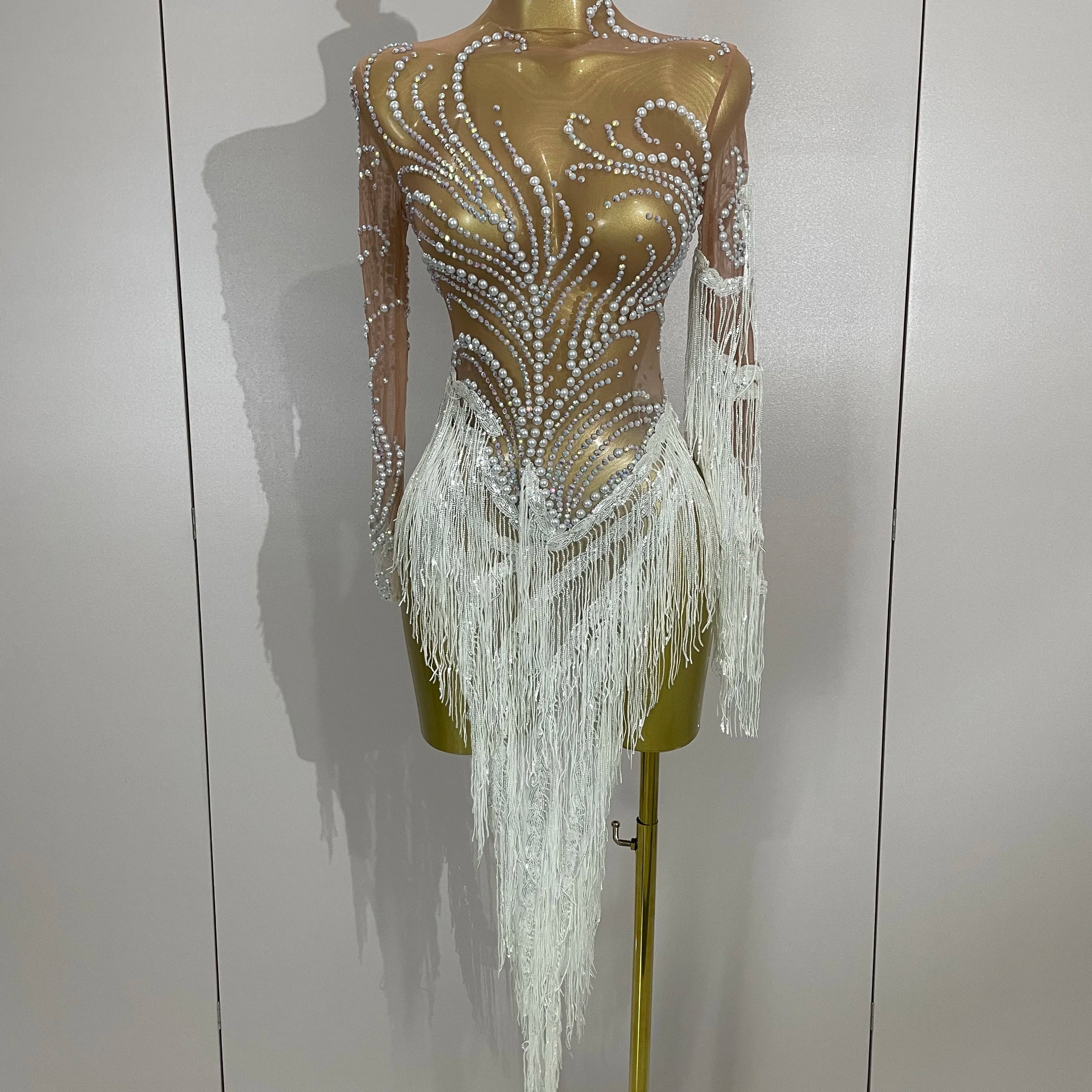 Women Sparkly Rhinestone Pearl Sequins Tassel Sexy Transparent Dress Evening Birthday Party Nightclub Dance Singer Stage Outfit