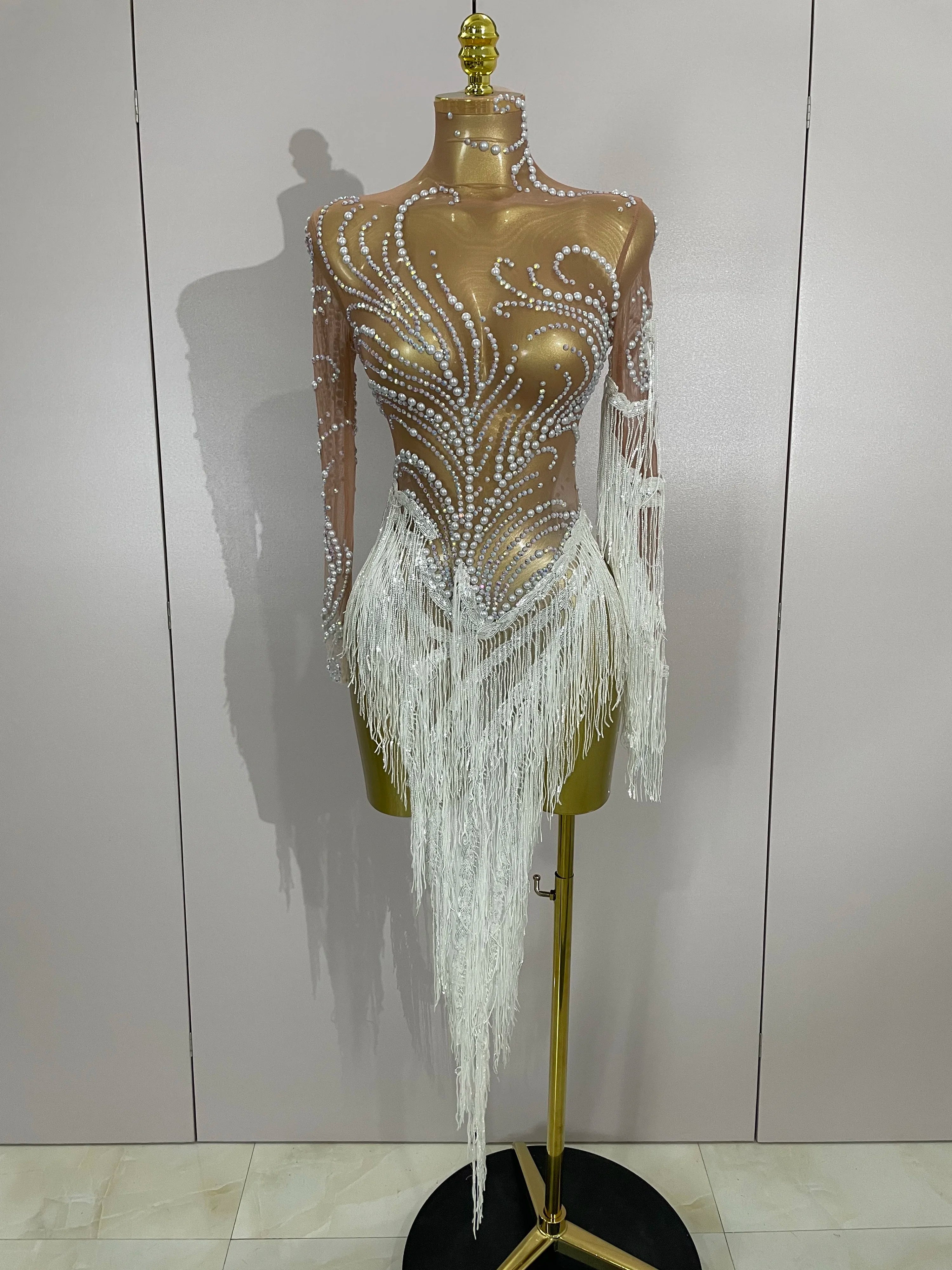Women Sparkly Rhinestone Pearl Sequins Tassel Sexy Transparent Dress Evening Birthday Party Nightclub Dance Singer Stage Outfit