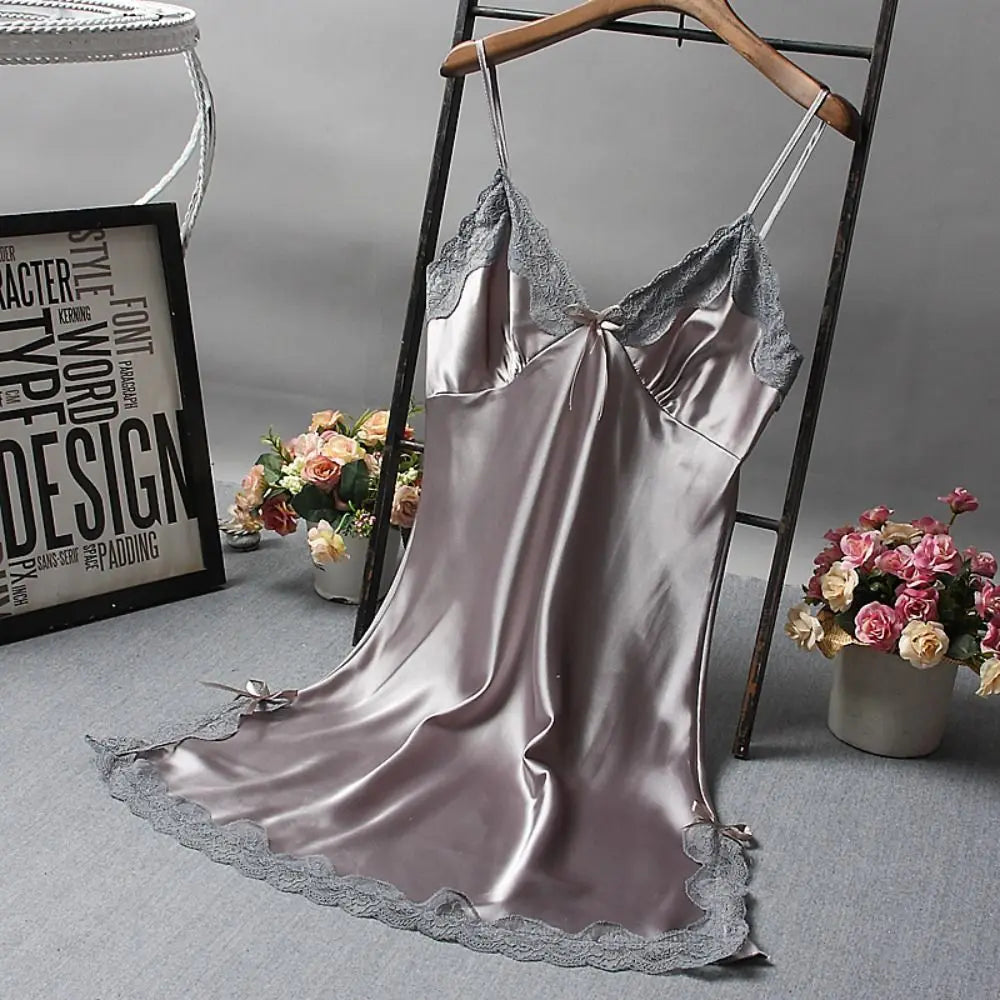 Chemise de nuit en dentelle patchwork pour femme, robe en soie avec nœud papillon, lingerie, nuisette pour femme