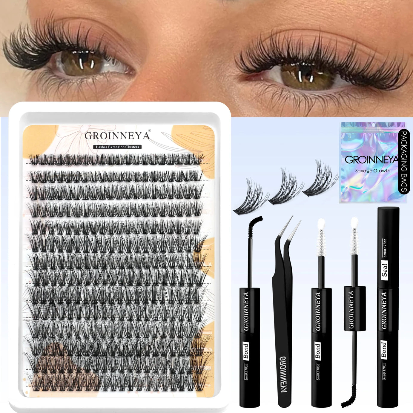 Kit de faux cils GROINNEYA avec patchs waterproof à tenue forte, kit d'extension de cils à faire soi-même, colle et fixateur, pince à épiler et maquillage.