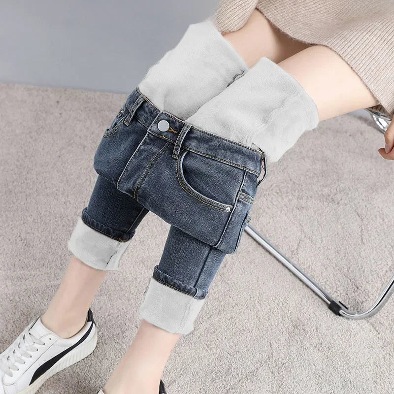 Pantalones vaqueros de invierno para mujer, gruesos, con forro polar, corte ajustado, cálidos y elásticos.