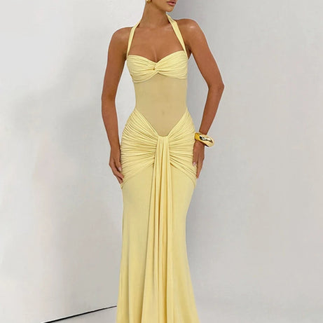 Robe maxi élégante patchwork pour femme, style classique et sexy, avec rubans transparents, dos nu et bretelles fines, coupe moulante, tendance festival et soirée.