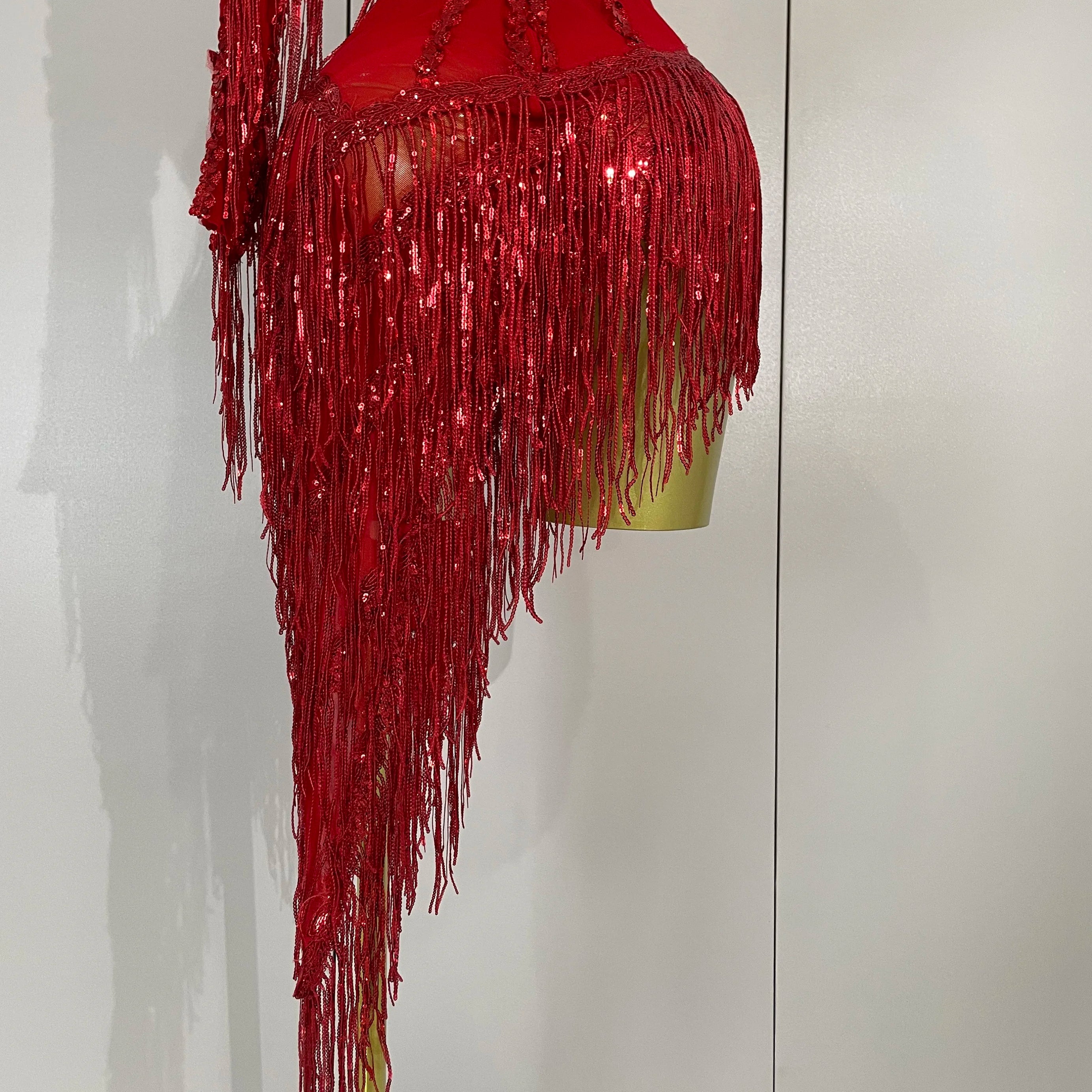 New Stage Costume Sparkly Rhinestones Tassel Sexy See-Through Dress Women One Shoulder Latin Dance Bars Nightclub Party Outfits