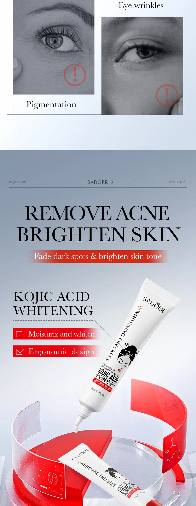 Crème contour des yeux SADOER à l'acide kojique et au rétinol : anti-cernes, atténue les poches, hydrate et raffermit le contour des yeux. Soin du regard.