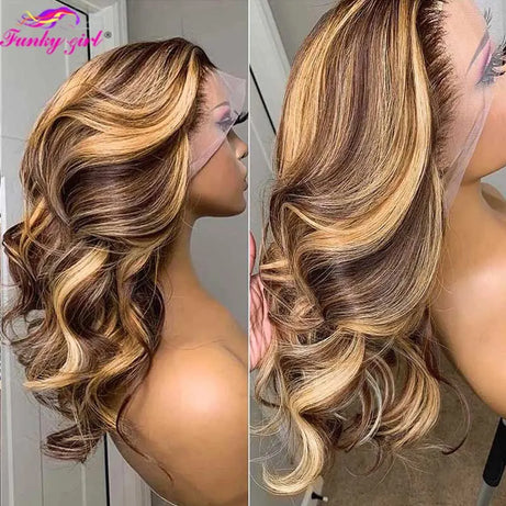 Perruque ondulée en cheveux humains, perruque en dentelle, blond miel, raie en T, perruque brésilienne Remy, 27/04