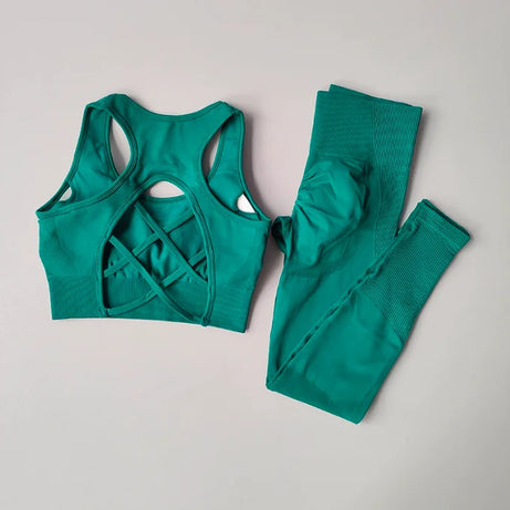 Ensemble de sport sans coutures pour femme : pantalon de yoga taille haute et brassière de sport avec coussinets amovibles pour un effet push-up fessier, idéal pour la course et l'entraînement.