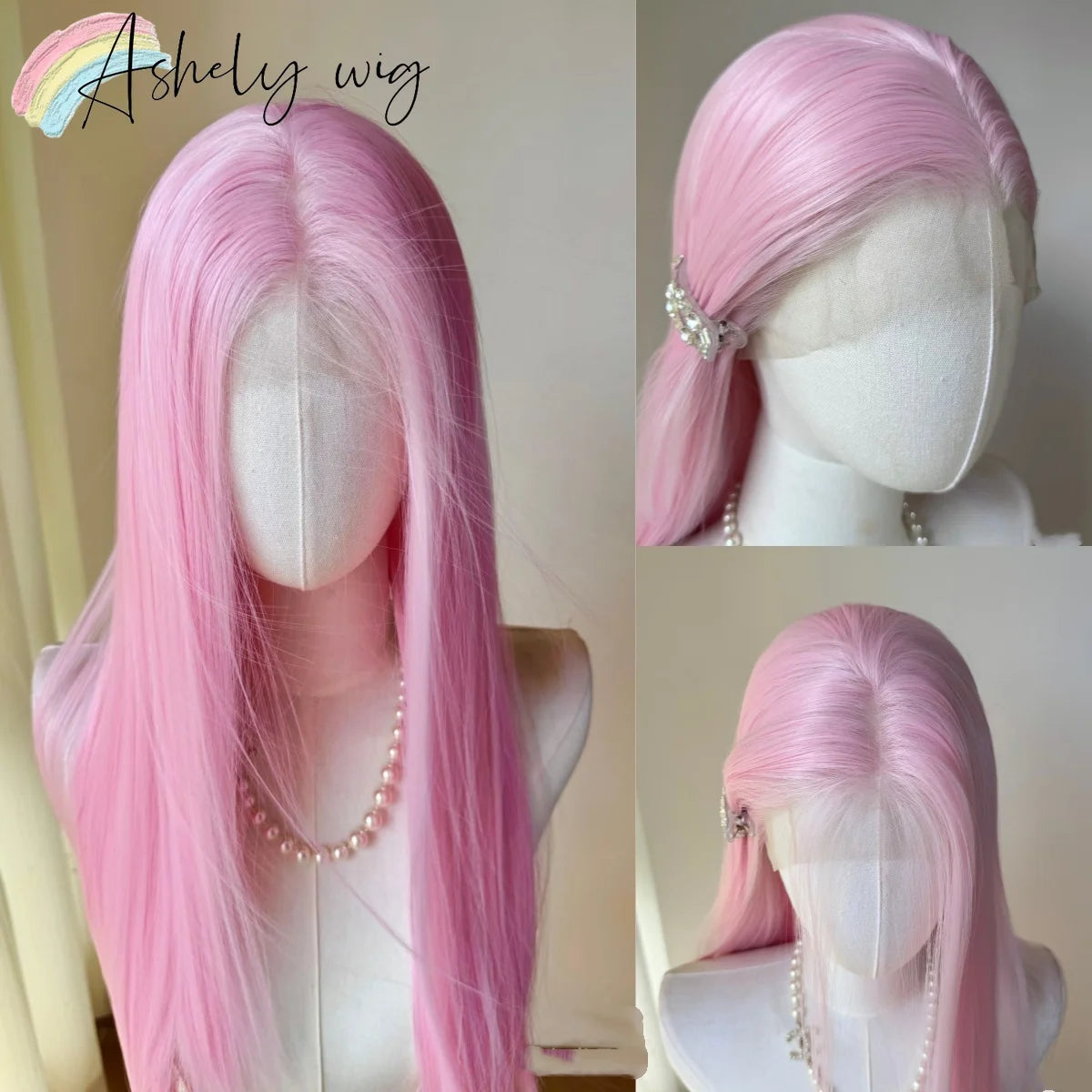 Perruque rose clair pour femme, perruque frontale en dentelle 13x4, 66 cm de long, lisse, en fibres synthétiques douces et naturelles résistantes à la chaleur, perruque cosplay