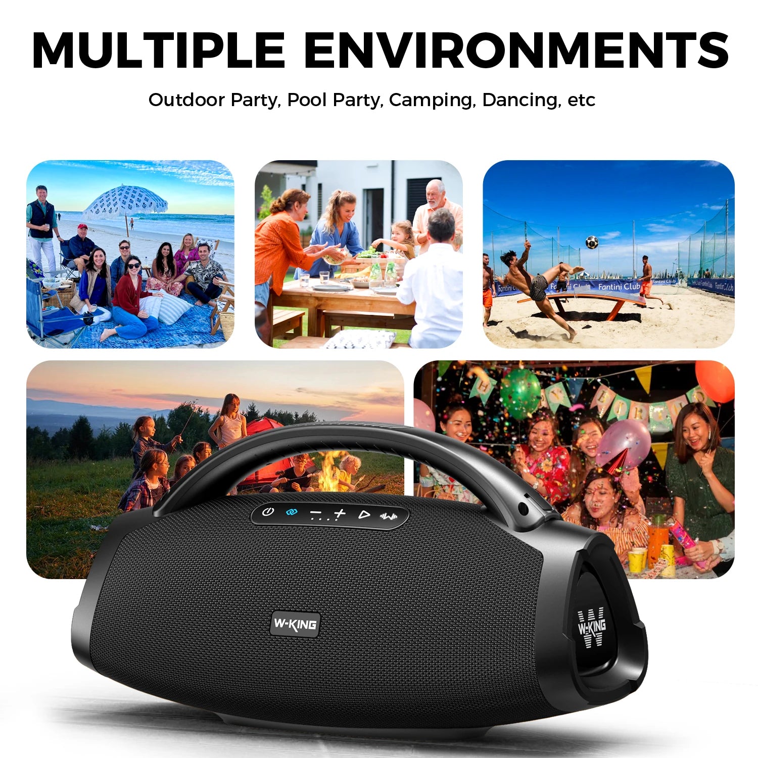 Enceinte Bluetooth portable W-KING 200 W RMS, boombox de fête aux basses puissantes, enceinte étanche IPX7, grande enceinte puissante pour l'extérieur