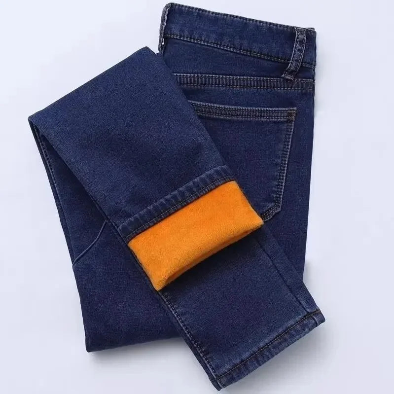 Pantalones vaqueros ajustados de cintura alta para mujer, forrados de felpa, gruesos y cálidos, estilo nuevo, versátiles, tipo lápiz, casuales y cómodos.