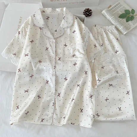 New Korean-Style Elegant Young Ladies' Pyjamas Summer New Arrival Short-Sleeved Polka Dot Bow Ice Silk Pyjama Set Homewear Set