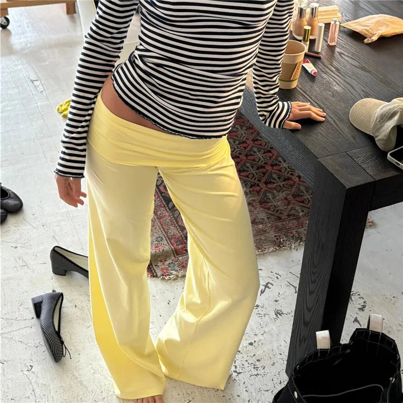 Pantalon large femme, couleur unie, taille repliable, pantalon décontracté printemps automne, pantalon de jogging ample, style streetwear Y2K