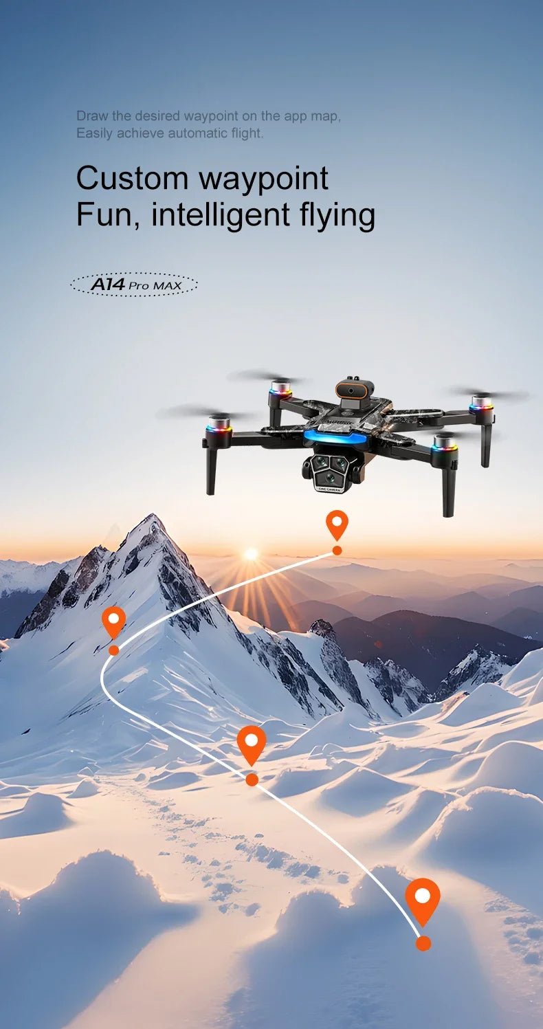 Véritable quadricoptère RC pliable A14 Pro Max GPS Brushless 8K avec trois caméras, détection d'obstacles et écran, pour une portée optimale.