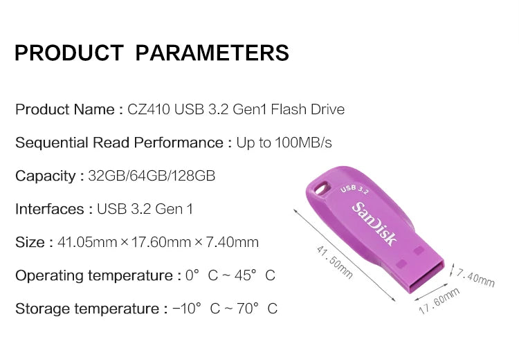 Clé USB 3.2 Sandisk CZ410 100 % originale, 32 Go, 64 Go, 128 Go, mini-clé USB haute vitesse.