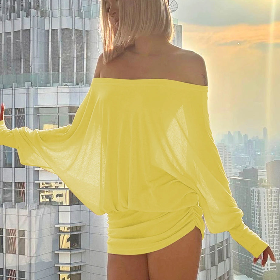 Robe mini Dulzura à épaules dénudées et manches longues, ornée de patchwork froncé, pour femme, tenue sexy, élégante et décontractée idéale pour les soirées et les clubs, printemps-été.
