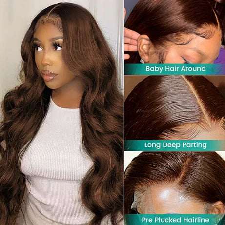 Perruque Lace Front HD Brun Chocolat 13x4 Ondulée, style brésilien, 13x6, pour femme, 100% cheveux humains Remy, pré-épilée