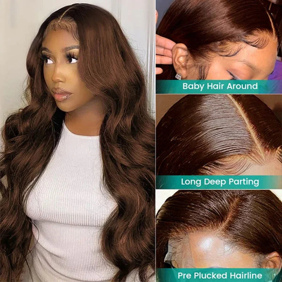 Perruque Lace Front HD Brun Chocolat 13x4 Ondulée, style brésilien, 13x6, pour femme, 100% cheveux humains Remy, pré-épilée