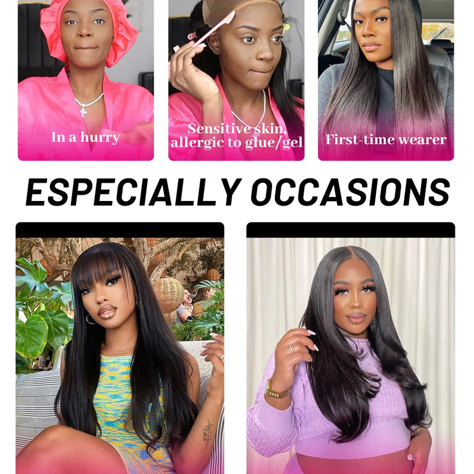 Perruques ISEE Hair sans colle, cheveux humains, prêtes à porter, lisses, pré-épilées, faciles à porter, avec lace front 7x5HD et dentelle prédécoupée.