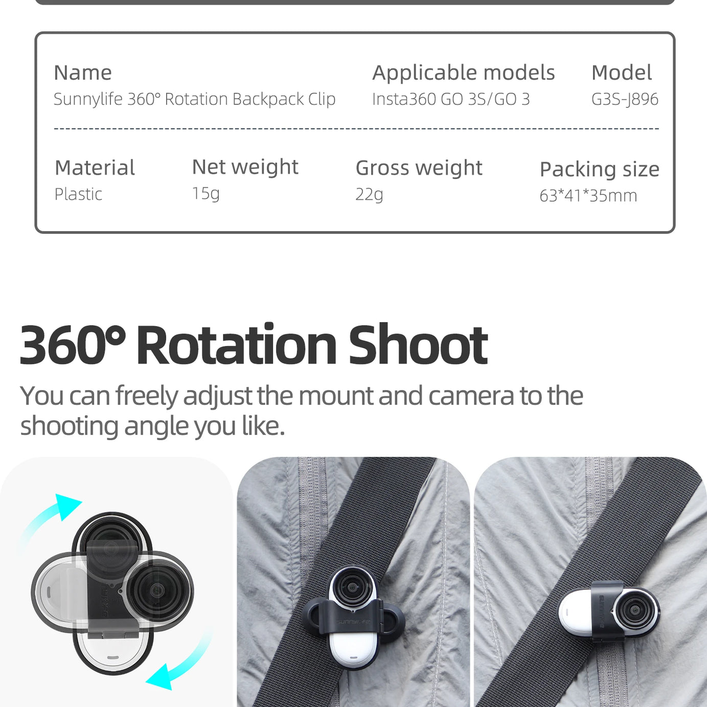 Support de fixation pour sac à dos avec clip de suspension rotatif à 360° pour caméra sportive Insta360 Go 3S/Go 3. Accessoires pour caméra Insta360 Go 3S.