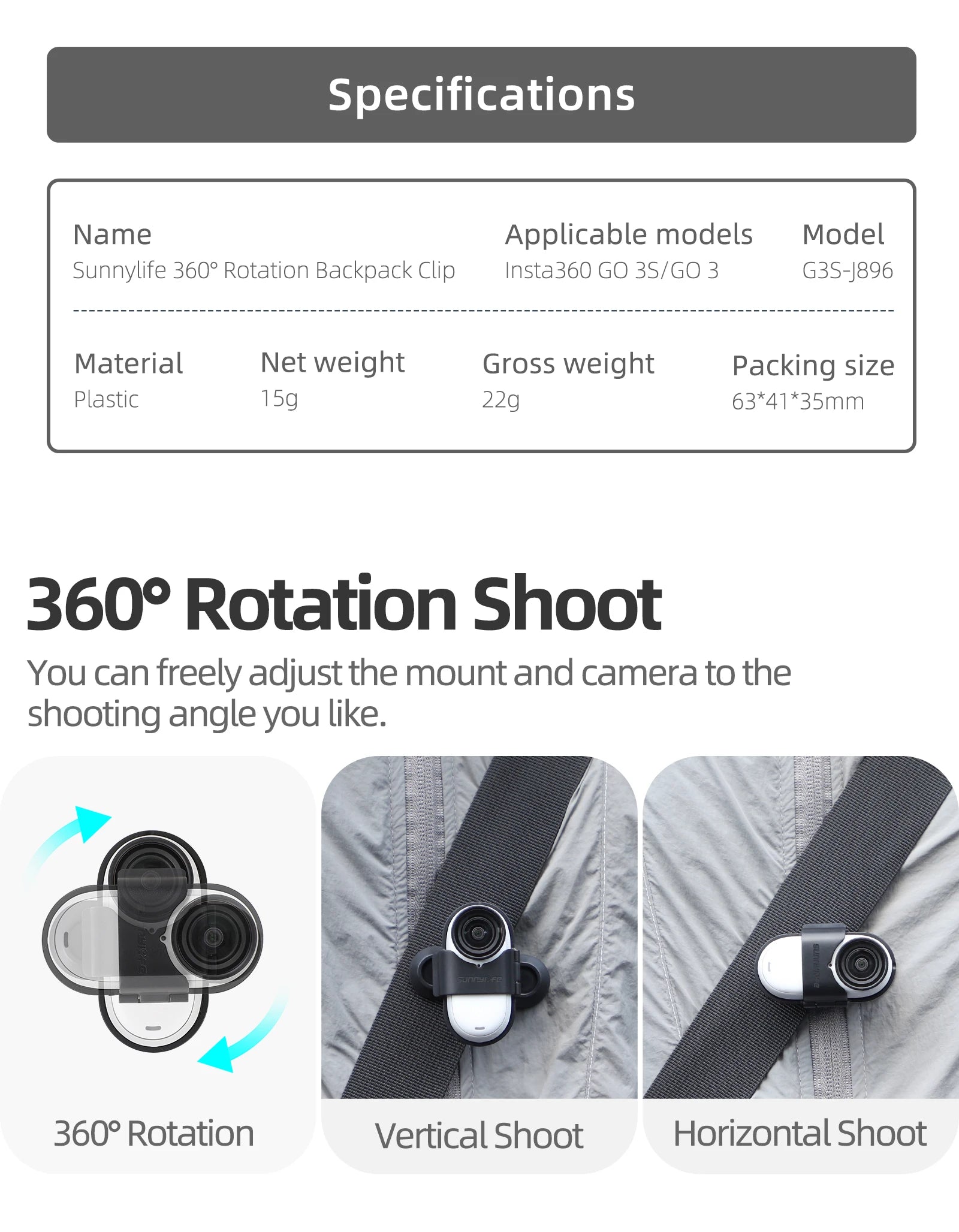 Support de fixation pour sac à dos avec clip de suspension rotatif à 360° pour caméra sportive Insta360 Go 3S/Go 3. Accessoires pour caméra Insta360 Go 3S.