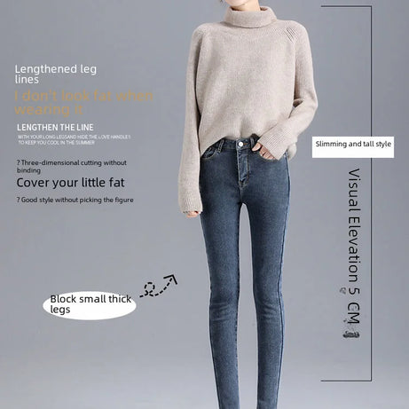 Jean d'hiver épais doublé polaire pour femme, amincissant, chaud et élastique, coupe crayon