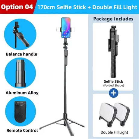 Perche à selfie sans fil FANGTUOSI 1750 mm, trépied, monopode pliable avec lumière LED pour smartphones, prise de vue stable et équilibrée en direct