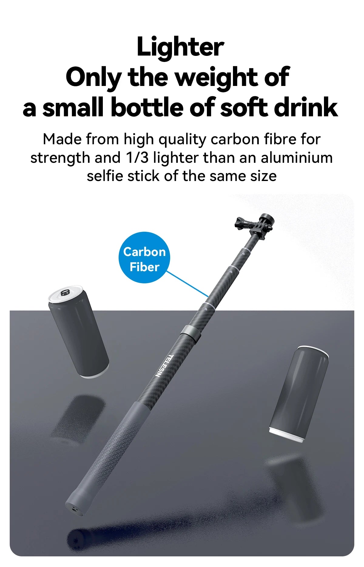 Perche à selfie monopode extensible TELESIN en fibre de carbone de 1,2 m x 3 m, avec vis 1/4", compatible avec les caméras d'action GoPro, Insta360, Osmo Action et DJI.