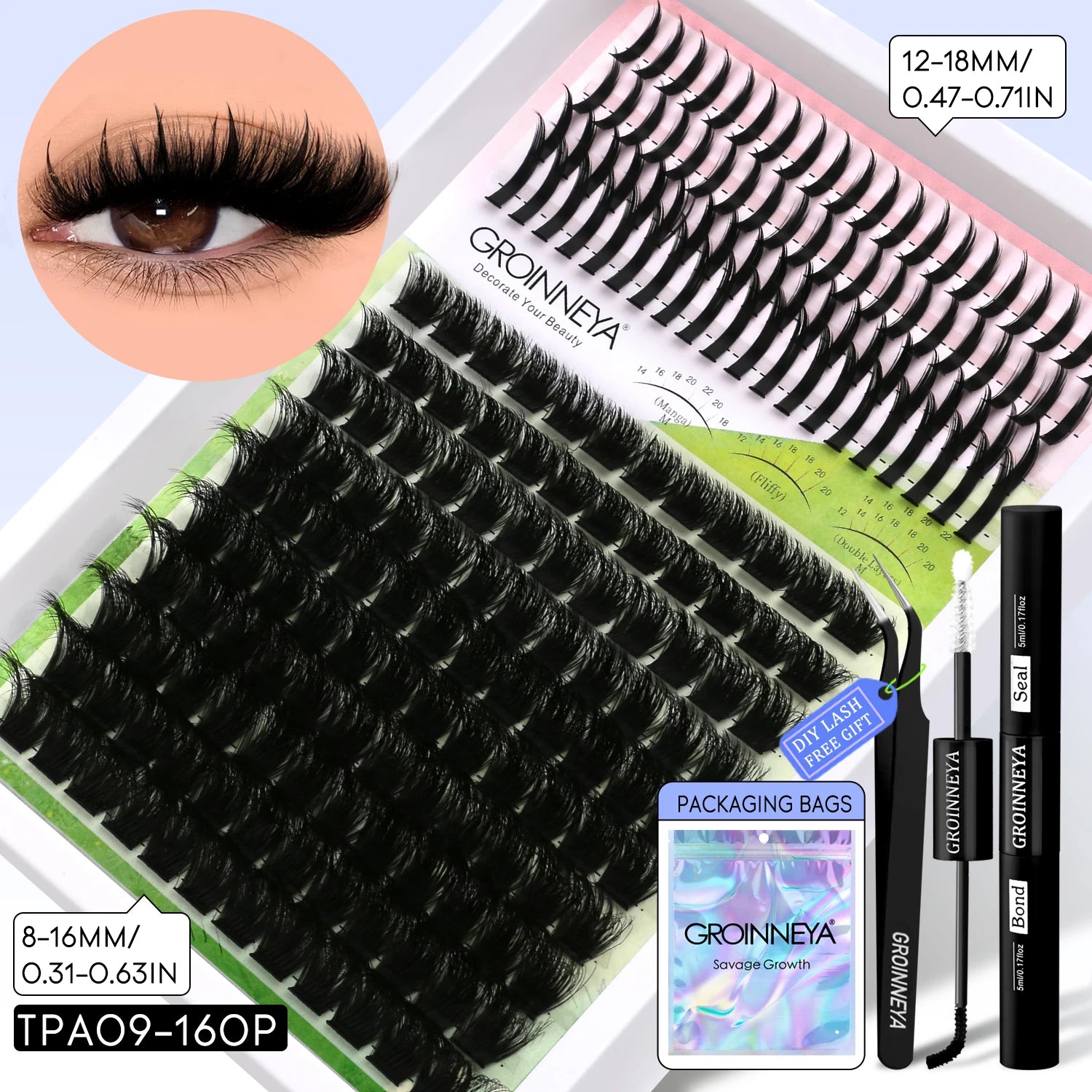 GROINNEYA Lash Clusters Kit DIY Manga Cluster Lashes Set Spikes Lashes Cluster Extension Full Set Individual Eyelashes Makeup