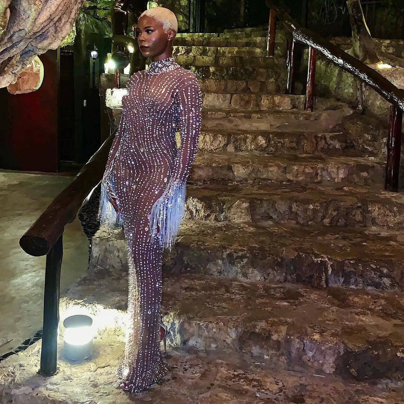 Sparkly Silver Big Rhinestone Transparent Long Dress Evening Birthday Celebrate Luxurious Costume Dancer Flashing Dress
