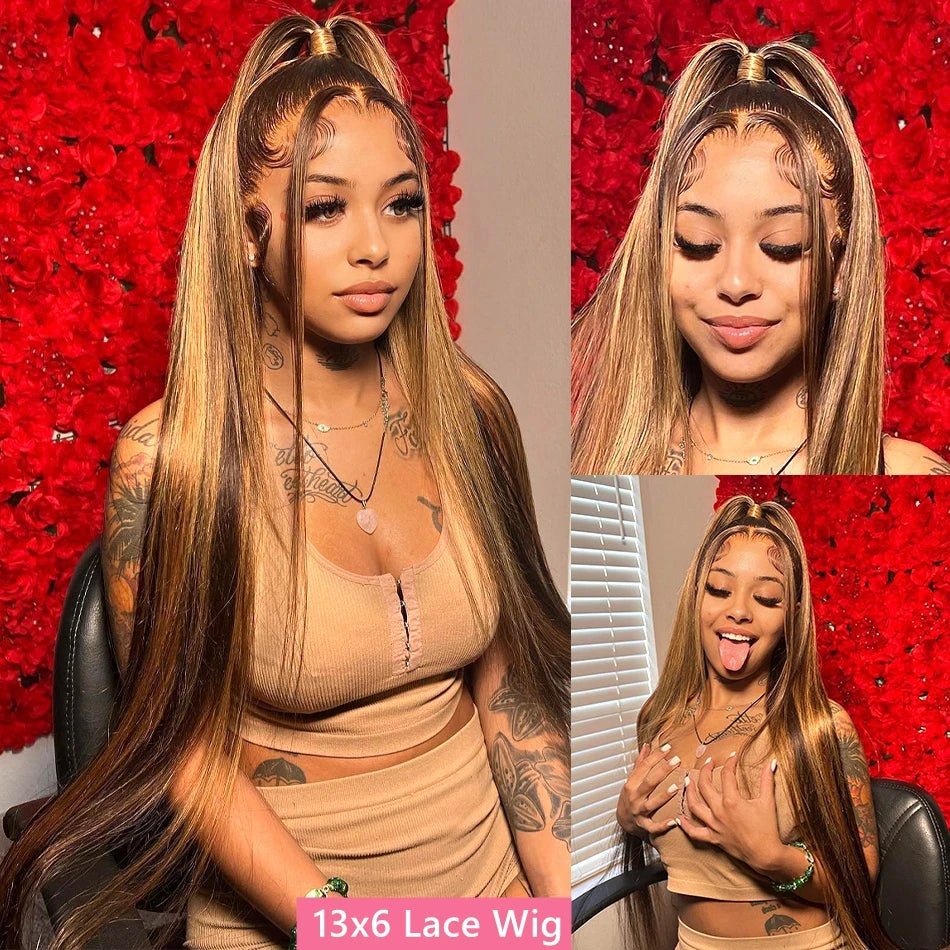 38 Inch Straight Human Hair Wigs Highlight Wig Human Hair 13x6 Hd Lace Frontal Wig Straight Wig 13x4  4/27 Honey Blond Ombre Wig