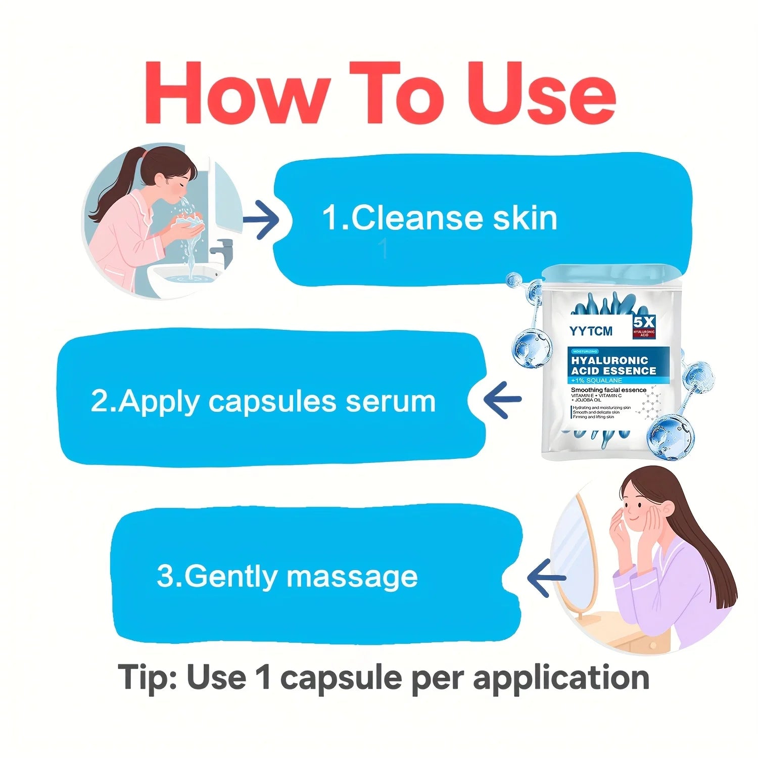 Capsules d'essence hydratante intense à l'acide hyaluronique, sérum hydratant et illuminateur pour la peau (0,4 g x 30 capsules) - 1 sachet