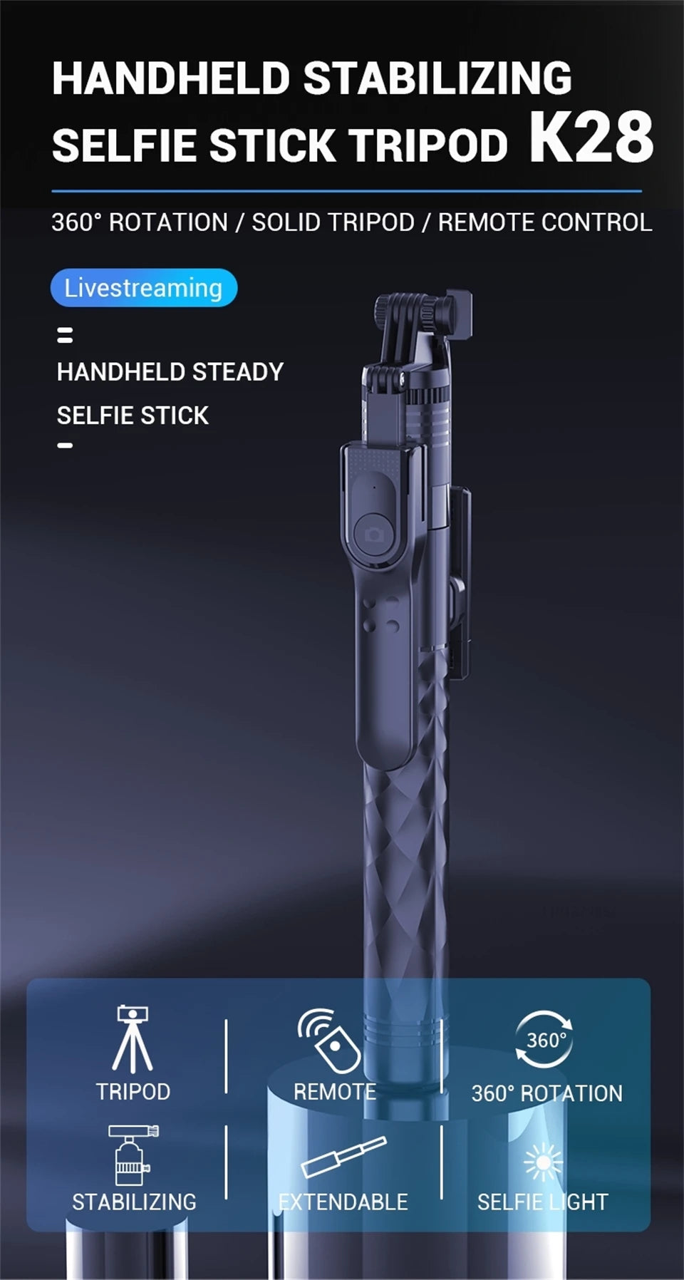 Perche à selfie sans fil FANGTUOSI 1750 mm, trépied, monopode pliable avec lumière LED pour smartphones, prise de vue stable et équilibrée en direct